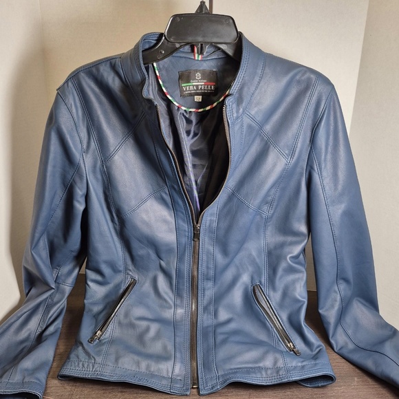 Vera Pelle Women’s Italian Blue Leather Jacket Sz L - Picture 1 of 5